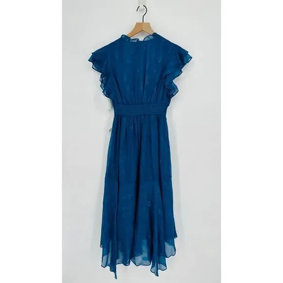 Shoshanna Maxine Metallic Midi Dress Ruffled in Dark Cerulean Blue Women's 6 NEW